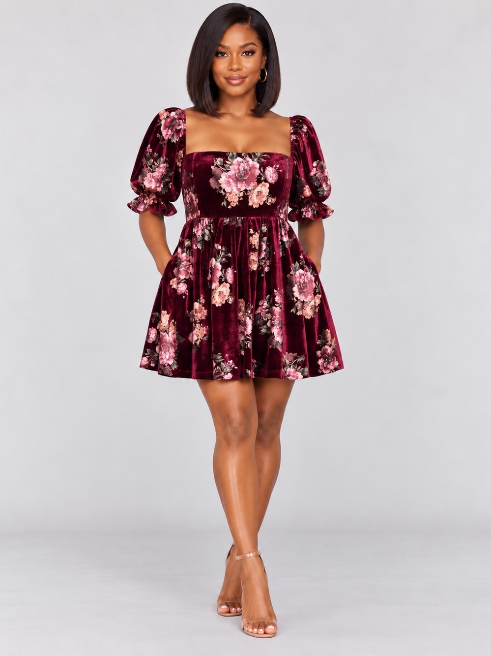 Lulu's Burgundy Velvet Floral Square-Neck Mini Dress